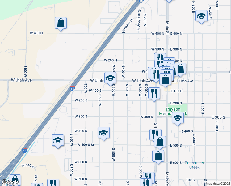 map of restaurants, bars, coffee shops, grocery stores, and more near 107 South 500 West in Payson
