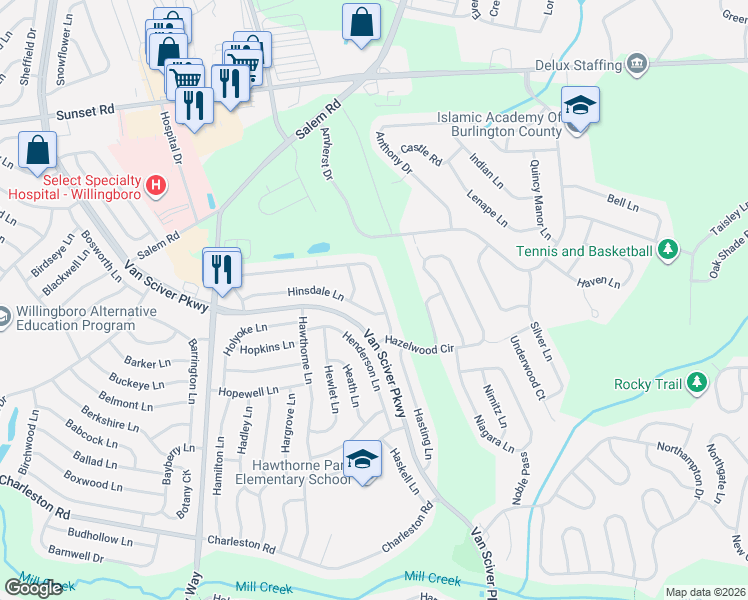 map of restaurants, bars, coffee shops, grocery stores, and more near 122 Hillcrest Lane in Willingboro