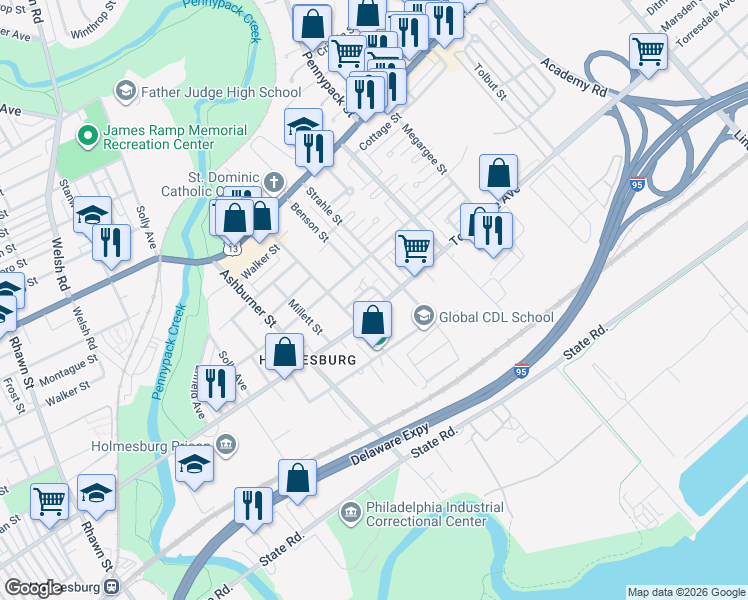 map of restaurants, bars, coffee shops, grocery stores, and more near 8600 Torresdale Avenue in Philadelphia