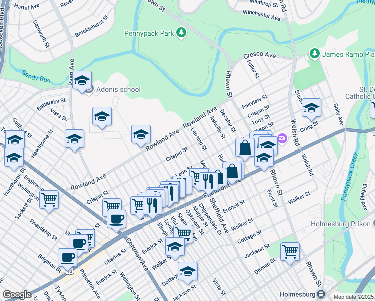 map of restaurants, bars, coffee shops, grocery stores, and more near 3336 Sheffield Avenue in Philadelphia