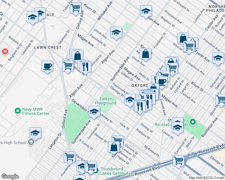 map of restaurants, bars, coffee shops, grocery stores, and more near 1232 Passmore Street in Philadelphia