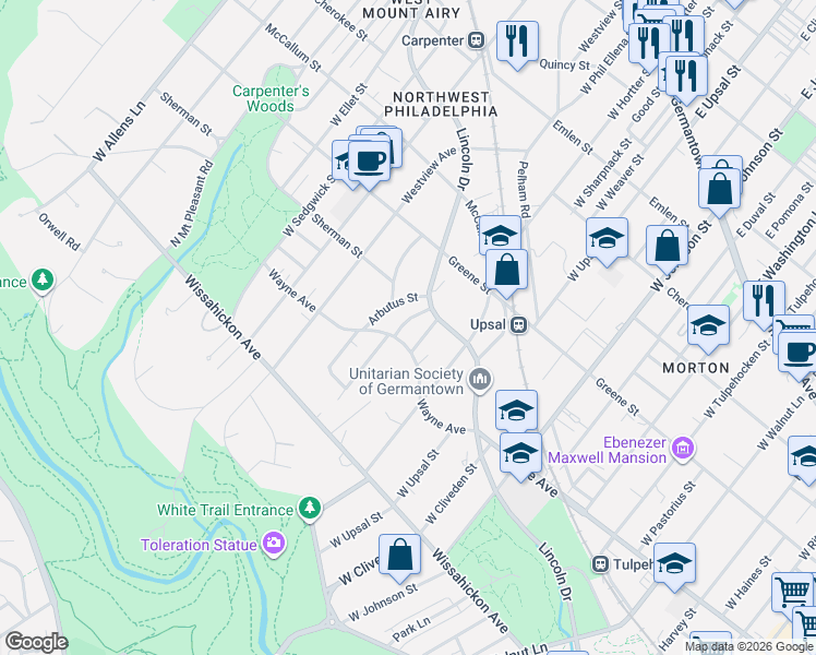 map of restaurants, bars, coffee shops, grocery stores, and more near 525 Burnham Road in Philadelphia