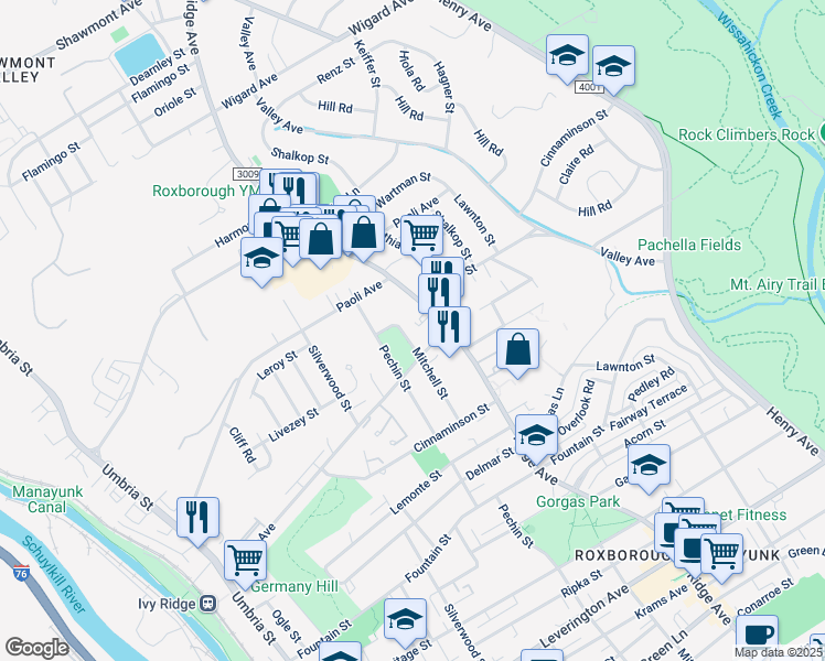 map of restaurants, bars, coffee shops, grocery stores, and more near 6805 Mitchell Street in Philadelphia
