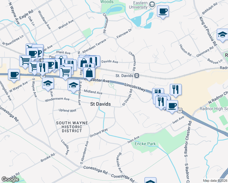 map of restaurants, bars, coffee shops, grocery stores, and more near 421 Midland Avenue in Wayne