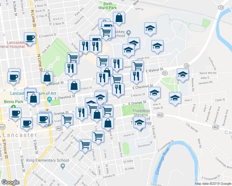 map of restaurants, bars, coffee shops, grocery stores, and more near 700 Pennsylvania 23 in Lancaster