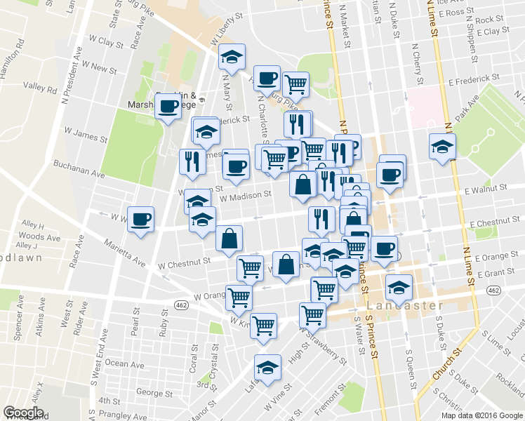 map of restaurants, bars, coffee shops, grocery stores, and more near 411 West Walnut Street in Lancaster