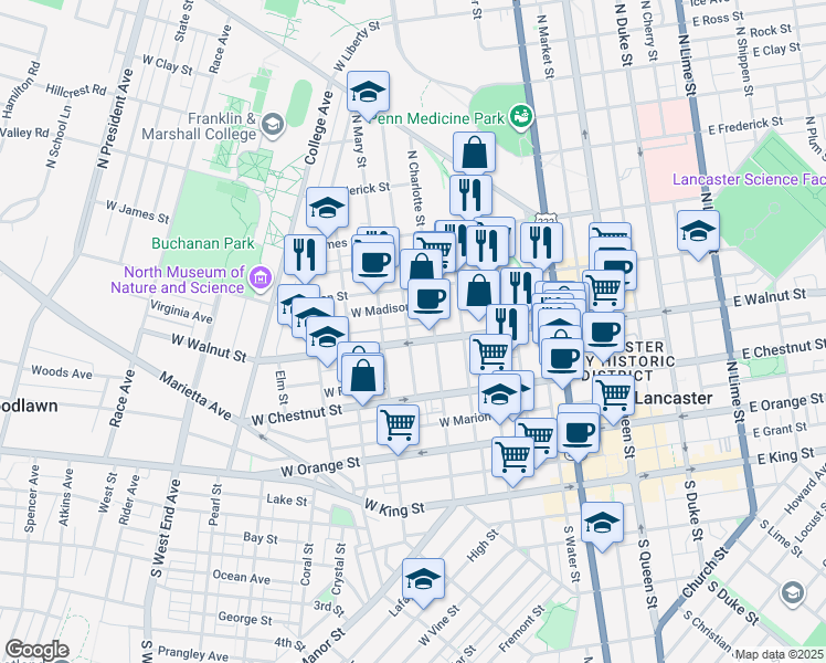map of restaurants, bars, coffee shops, grocery stores, and more near 411 West Walnut Street in Lancaster