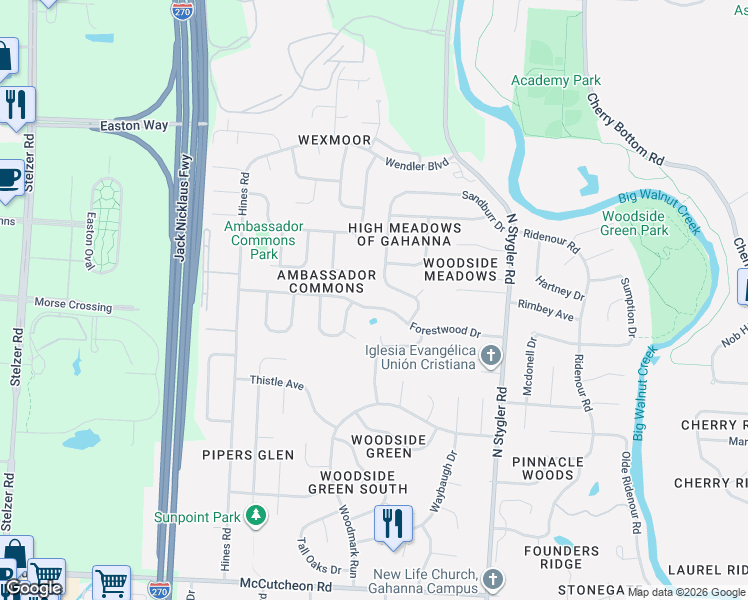 map of restaurants, bars, coffee shops, grocery stores, and more near 524 Forestwood Drive in Columbus