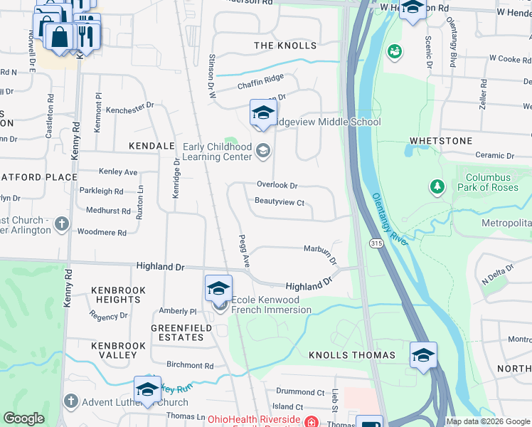 map of restaurants, bars, coffee shops, grocery stores, and more near 735 Beautyview Court in Columbus