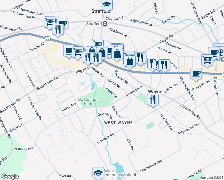 map of restaurants, bars, coffee shops, grocery stores, and more near 16 Clover Lane in Wayne