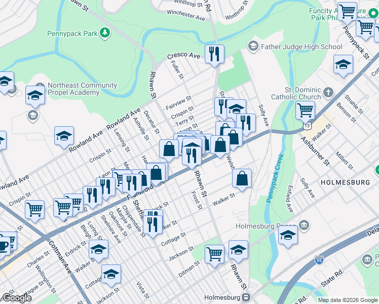 map of restaurants, bars, coffee shops, grocery stores, and more near 8012 Craig Street in Philadelphia