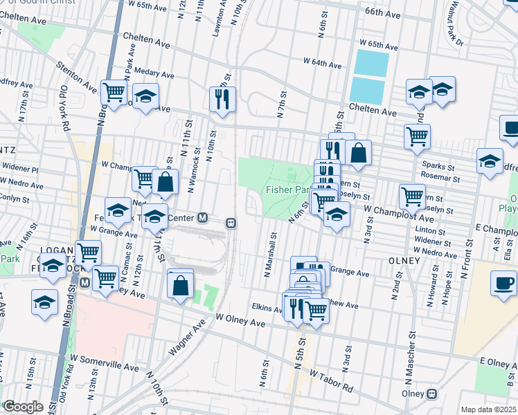 map of restaurants, bars, coffee shops, grocery stores, and more near 5914 North 7th Street in Philadelphia