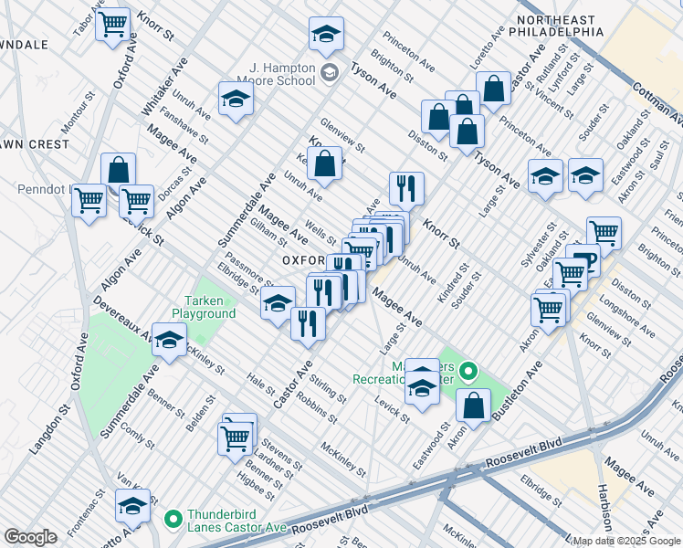 map of restaurants, bars, coffee shops, grocery stores, and more near 1414 Magee Avenue in Philadelphia