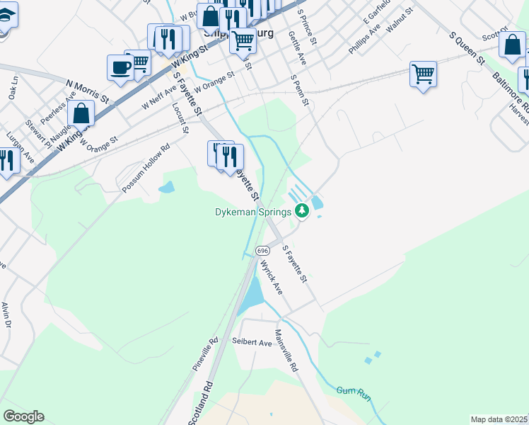 map of restaurants, bars, coffee shops, grocery stores, and more near 300 South Fayette Street in Shippensburg