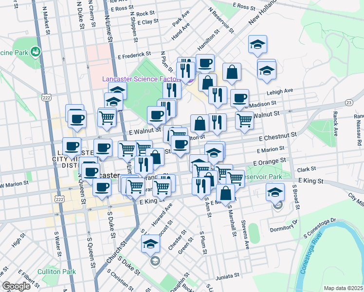 map of restaurants, bars, coffee shops, grocery stores, and more near 411 East Chestnut Street in Lancaster