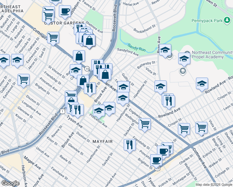 map of restaurants, bars, coffee shops, grocery stores, and more near 7242 Battersby Street in Philadelphia