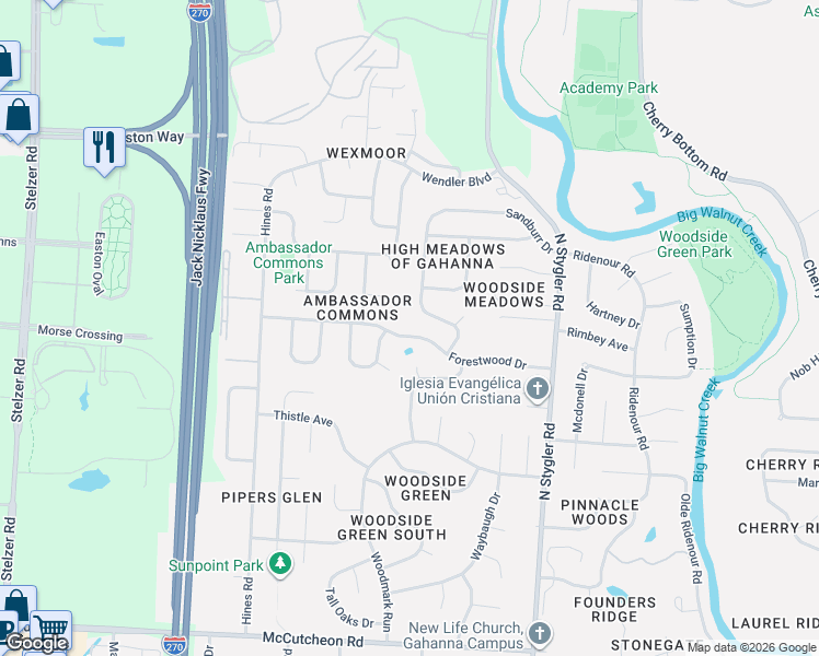 map of restaurants, bars, coffee shops, grocery stores, and more near 524 Forestwood Drive in Columbus