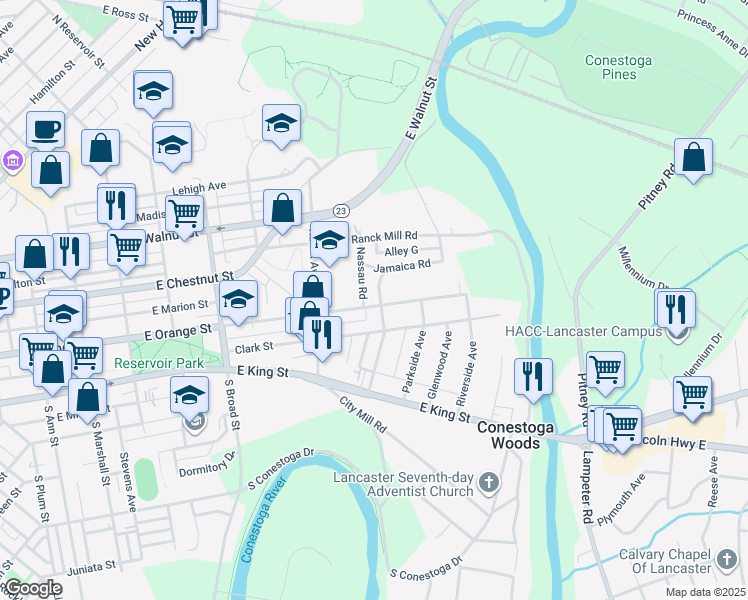 map of restaurants, bars, coffee shops, grocery stores, and more near 1047 East Orange Street in Lancaster