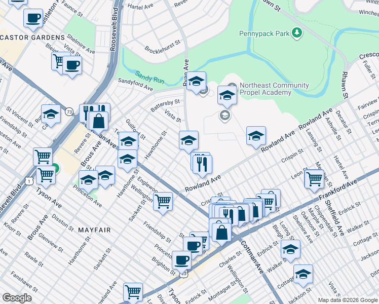 map of restaurants, bars, coffee shops, grocery stores, and more near 3200 Ryan Avenue in Philadelphia