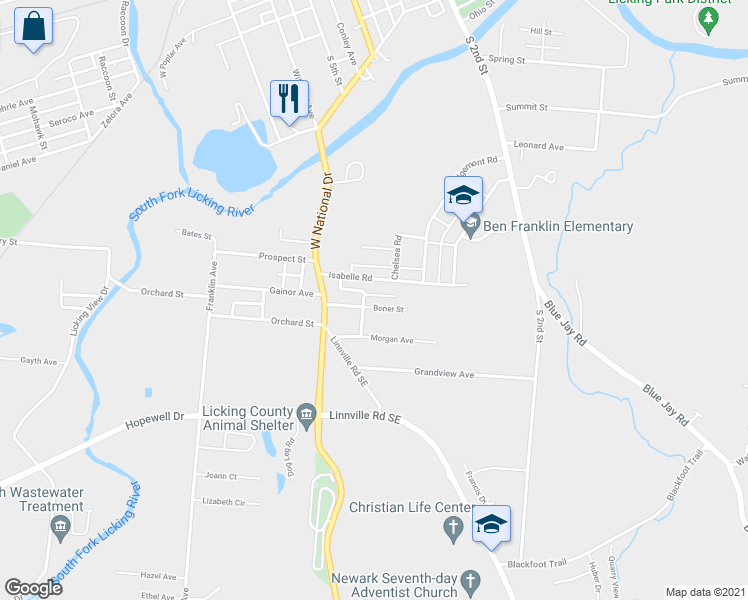 map of restaurants, bars, coffee shops, grocery stores, and more near 46 Boner Street in Newark