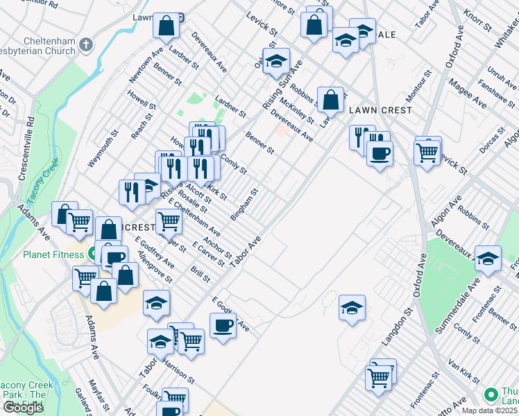 map of restaurants, bars, coffee shops, grocery stores, and more near 5917 Lawndale Street in Philadelphia