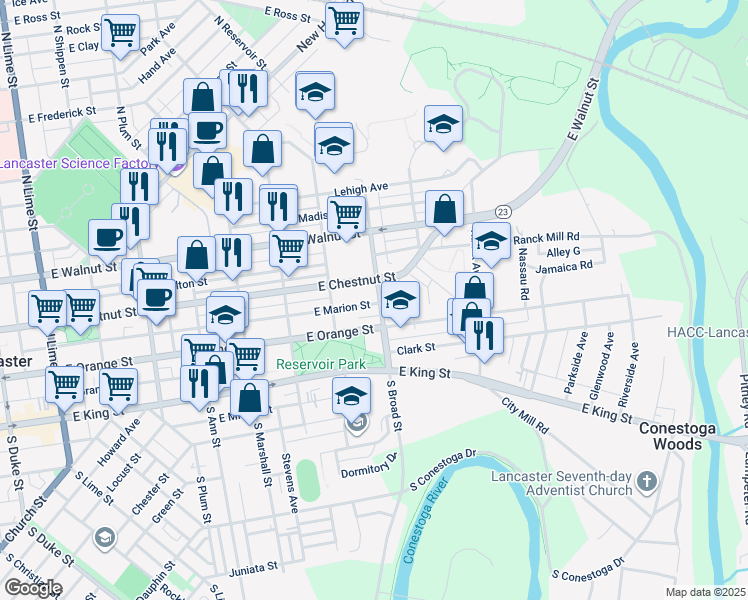 map of restaurants, bars, coffee shops, grocery stores, and more near 132 North Broad Street in Lancaster