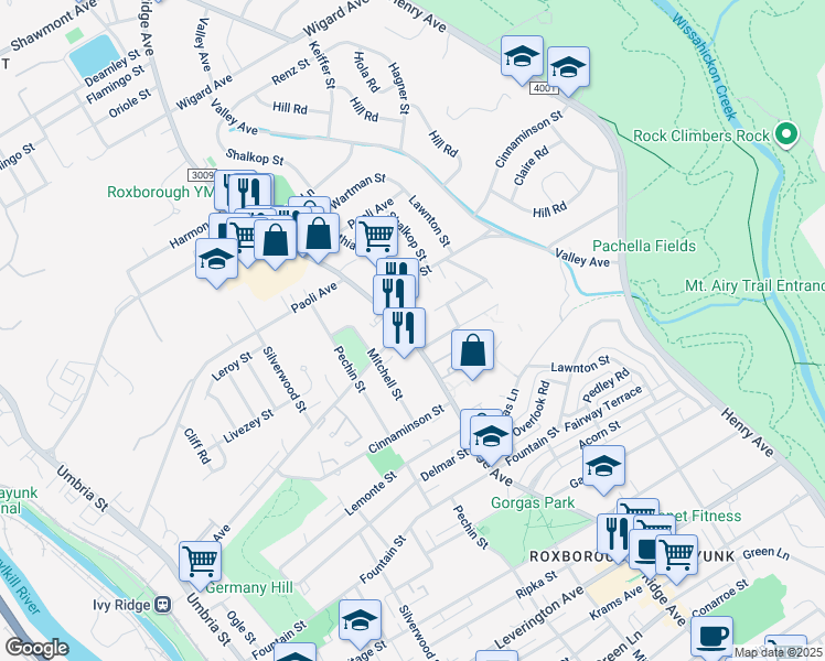 map of restaurants, bars, coffee shops, grocery stores, and more near 6789 Ridge Avenue in Philadelphia