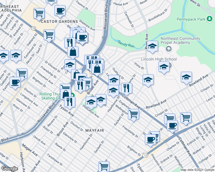 map of restaurants, bars, coffee shops, grocery stores, and more near 7242 Battersby Street in Philadelphia