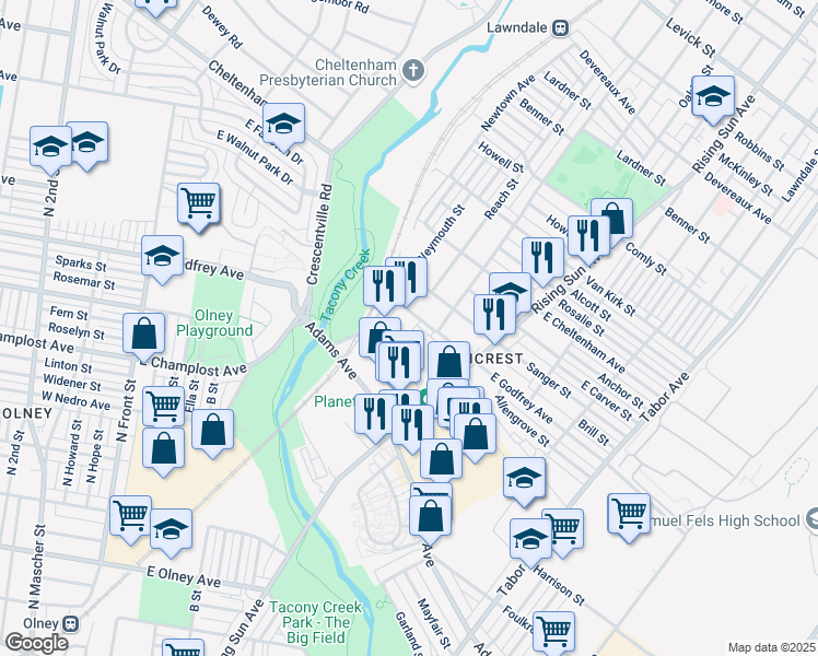 map of restaurants, bars, coffee shops, grocery stores, and more near 302 East Godfrey Avenue in Philadelphia