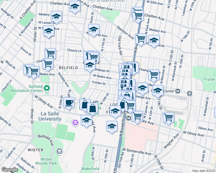 map of restaurants, bars, coffee shops, grocery stores, and more near 5828 North 16th Street in Philadelphia