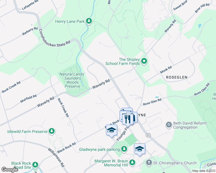 map of restaurants, bars, coffee shops, grocery stores, and more near 1133 Waverly Road in Gladwyne
