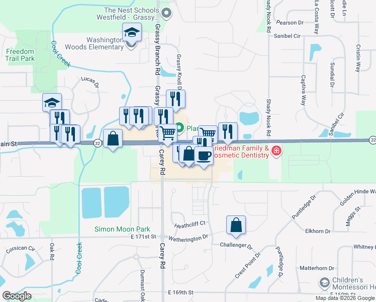 map of restaurants, bars, coffee shops, grocery stores, and more near 3443 Indiana 32 in Westfield