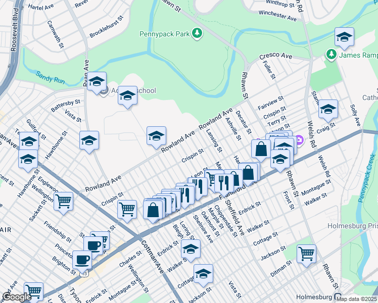 map of restaurants, bars, coffee shops, grocery stores, and more near 3335 Chippendale Street in Philadelphia