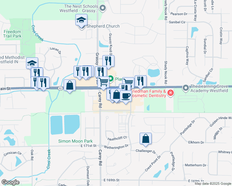 map of restaurants, bars, coffee shops, grocery stores, and more near 3443 Indiana 32 in Westfield