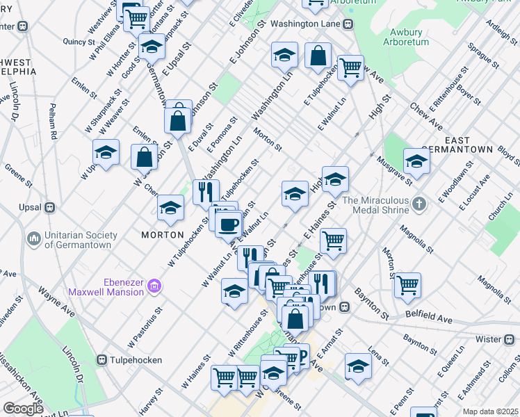 map of restaurants, bars, coffee shops, grocery stores, and more near 6111 Baynton Street in Philadelphia
