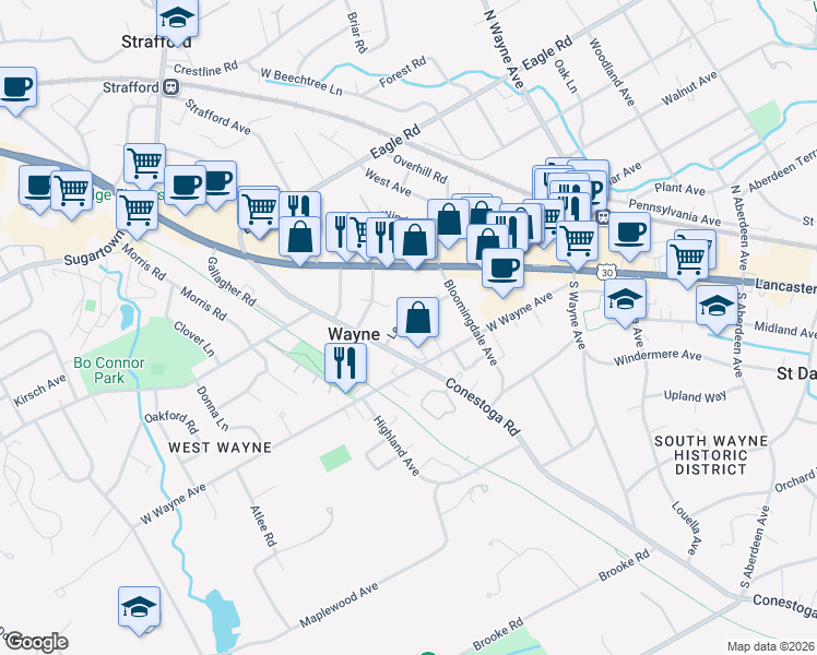 map of restaurants, bars, coffee shops, grocery stores, and more near 224 Lenoir Avenue in Wayne