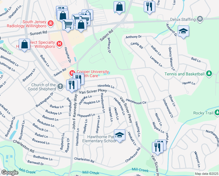 map of restaurants, bars, coffee shops, grocery stores, and more near 50 Hinsdale Lane in Willingboro