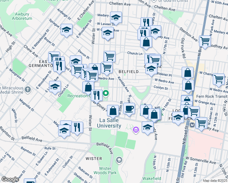 map of restaurants, bars, coffee shops, grocery stores, and more near 5745 North Lambert Street in Philadelphia