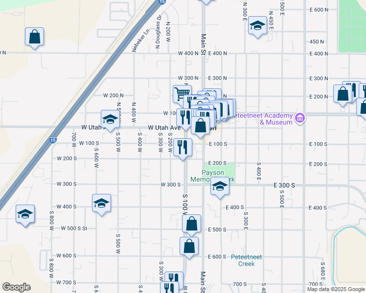 map of restaurants, bars, coffee shops, grocery stores, and more near 86 West 100 South in Payson