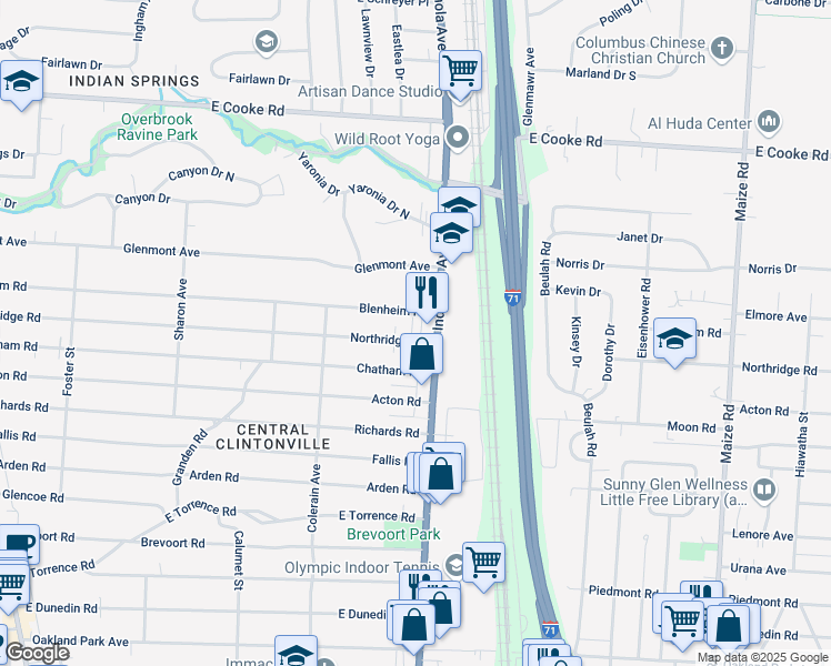 map of restaurants, bars, coffee shops, grocery stores, and more near 634 Northridge Road in Columbus