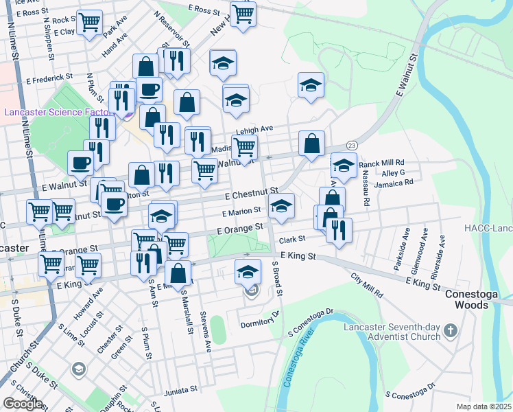 map of restaurants, bars, coffee shops, grocery stores, and more near 843 East Marion Street in Lancaster