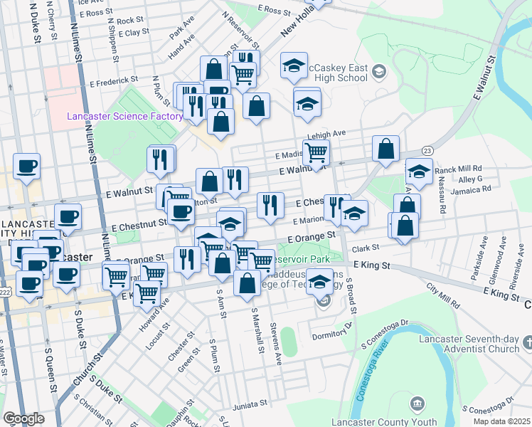 map of restaurants, bars, coffee shops, grocery stores, and more near 644 East Chestnut Street in Lancaster