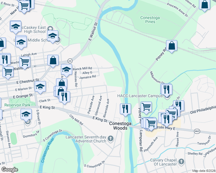 map of restaurants, bars, coffee shops, grocery stores, and more near 51 Riverside Avenue in Lancaster