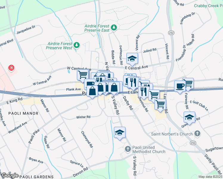 map of restaurants, bars, coffee shops, grocery stores, and more near 0 Paoli Plaza in Paoli