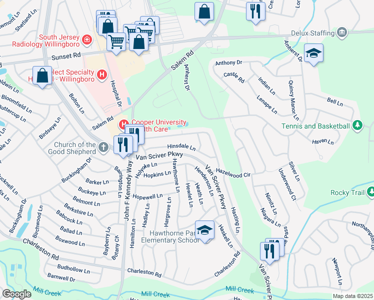 map of restaurants, bars, coffee shops, grocery stores, and more near 50 Hinsdale Lane in Willingboro