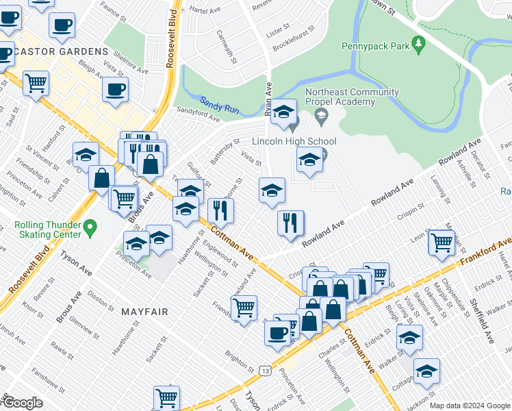 map of restaurants, bars, coffee shops, grocery stores, and more near 3136 Windish Street in Philadelphia