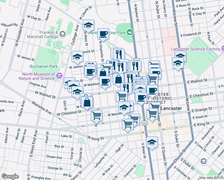 map of restaurants, bars, coffee shops, grocery stores, and more near 312 North Concord Street in Lancaster
