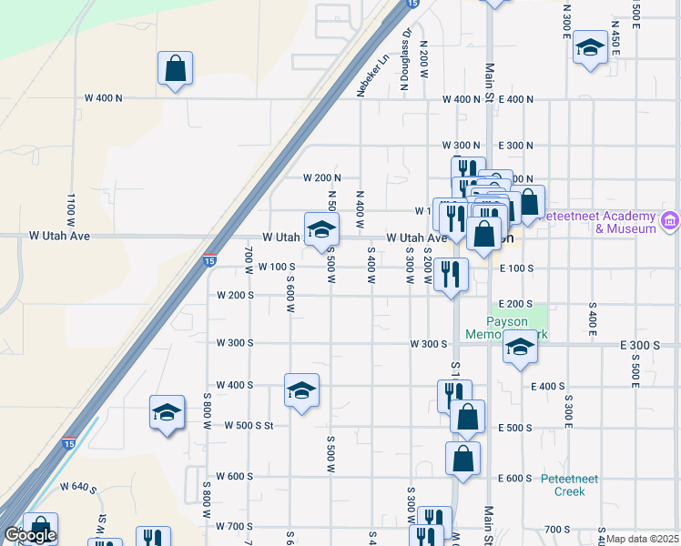 map of restaurants, bars, coffee shops, grocery stores, and more near 105 South 500 West in Payson