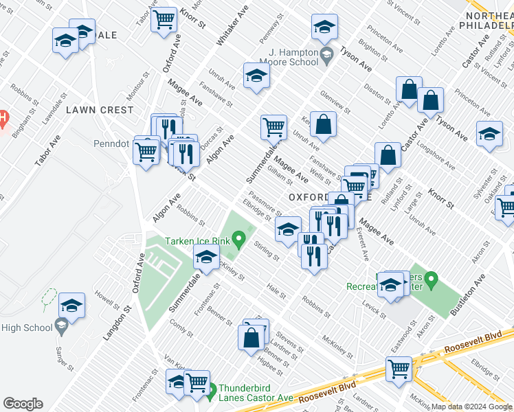 map of restaurants, bars, coffee shops, grocery stores, and more near 1133 Elbridge Street in Philadelphia