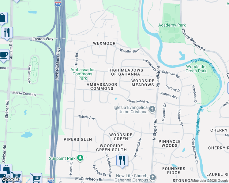 map of restaurants, bars, coffee shops, grocery stores, and more near 524 Forestwood Drive in Columbus